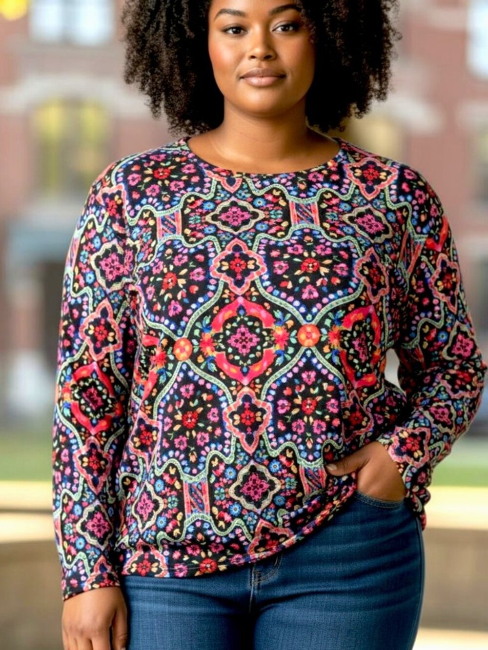 Croft & Barrow Black Multicolor Paisley Crew Neck Long Sleeve Tee Size XXL NWOT